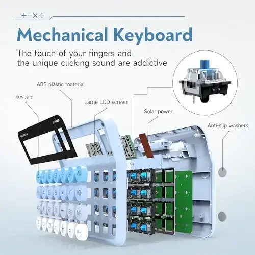 NGIFERA Mechanical Calculator,12 Digits, Large LCD Display,Big Buttons,Solar and Battery Dual Power Mechanical Keyboard Desktop Calculators,Cute and Aesthetic (Blue Gradient, Large) - 2