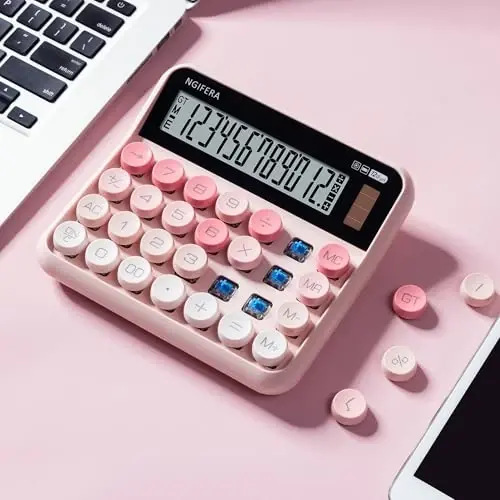 NGIFERA Mechanical Calculator,12 Digits, Large LCD Display,Big Buttons,Solar and Battery Dual Power Mechanical Keyboard Desktop Pink Calculators,Cute and Aesthetic (Pink, Large) - 1