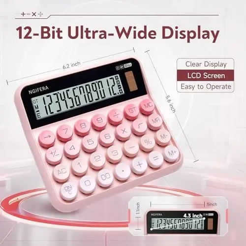NGIFERA Mechanical Calculator,12 Digits, Large LCD Display,Big Buttons,Solar and Battery Dual Power Mechanical Keyboard Desktop Pink Calculators,Cute and Aesthetic (Pink, Large) - 2