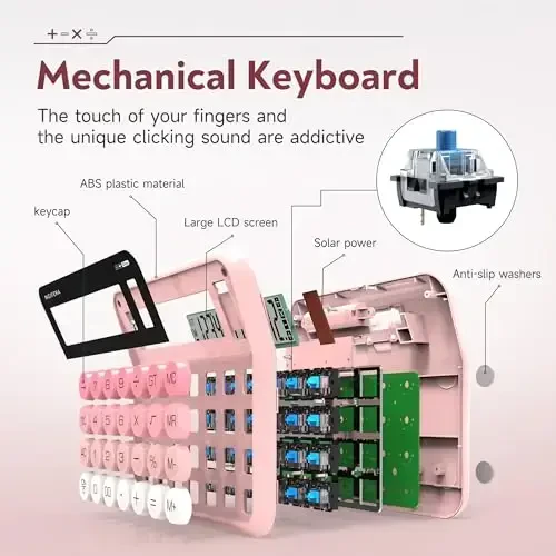 NGIFERA Mechanical Calculator,12 Digits, Large LCD Display,Big Buttons,Solar and Battery Dual Power Mechanical Keyboard Desktop Pink Calculators,Cute and Aesthetic (Pink, Large) - 4