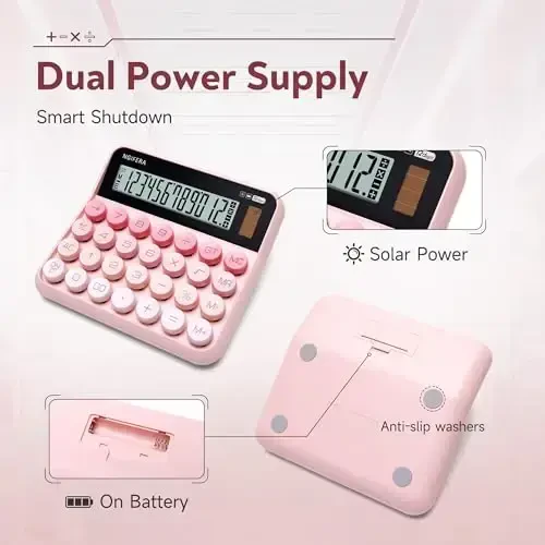 NGIFERA Mechanical Calculator,12 Digits, Large LCD Display,Big Buttons,Solar and Battery Dual Power Mechanical Keyboard Desktop Pink Calculators,Cute and Aesthetic (Pink, Large) - 5