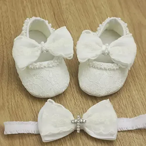 Nihao Baby Girls White Baptism Shoes and Headband Set Christening Dress Shoes - 2