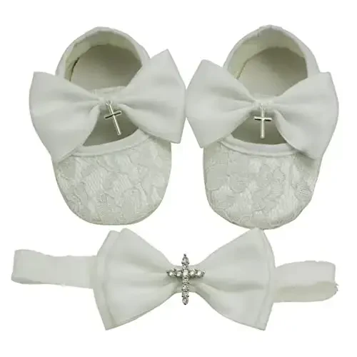 Nihao Baby Girls White Baptism Shoes and Headband Set Christening Dress Shoes - 1