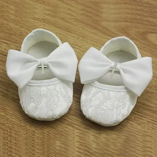 Nihao Baby Girls White Baptism Shoes and Headband Set Christening Dress Shoes - 6