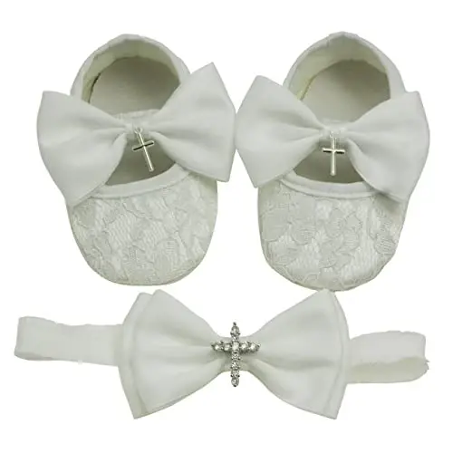 Nihao Baby Girls White Baptism Shoes and Headband Set Christening Dress Shoes - 1