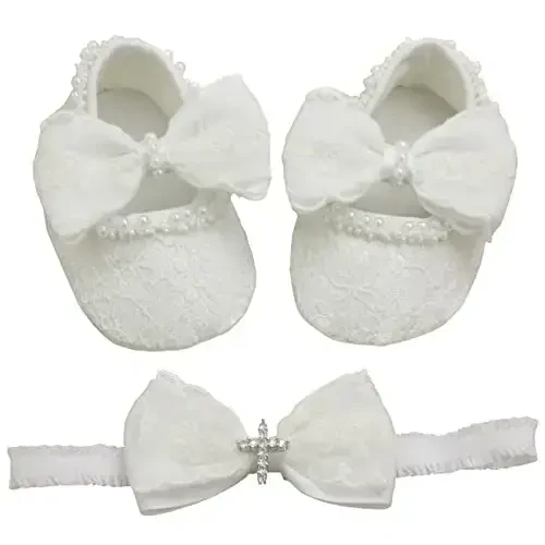 Nihao Baby Girls White Baptism Shoes and Headband Set Christening Dress Shoes - 1