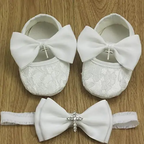 Nihao Baby Girls White Baptism Shoes and Headband Set Christening Dress Shoes - 2