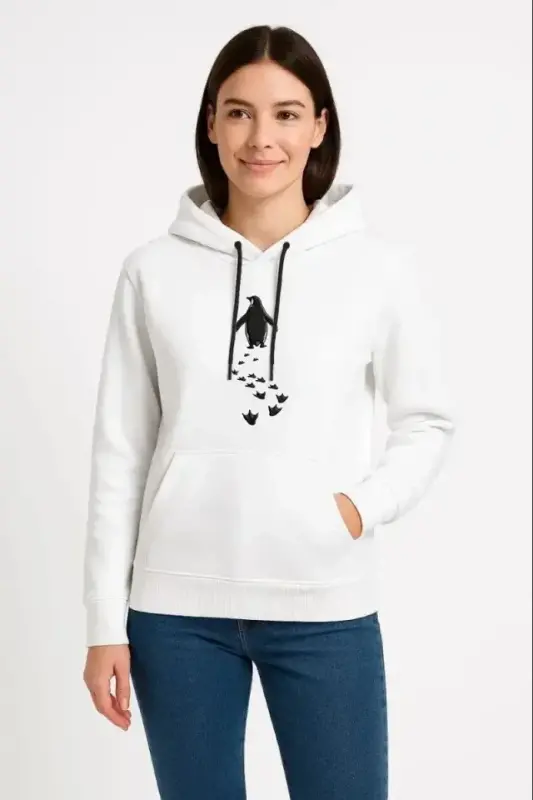 Nihilist Penguen Temalı Oversize Kapüşonlu Sweatshirt - Beyaz - 2