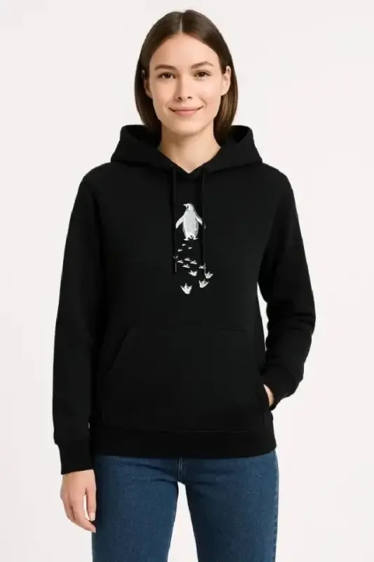 Nihilist Penguen Temalı Oversize Kapüşonlu Sweatshirt - Siyah - 1