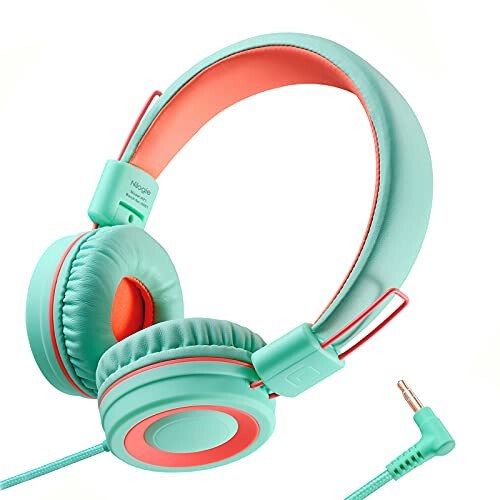 Nilogie A21 Kids Headphones for School/PC/Cellphone/Airplane Travel with 3.5mm Jack Children Boys Girls Foldable Wired On-Ear Headset (Mint Coral) - 1