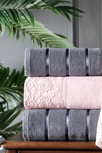 Nilüfer 4 Parça Kutulu Kadife Güpürlü Havlu Seti | Hamam Takımı | Çeyiz Seti - 3