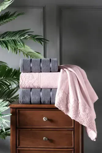 Nilüfer 4 Pcs Boxed Velvet Lace Towel Set | Bath Set | Dowry Set - GÜVENAL (1)