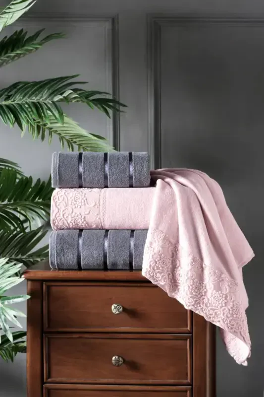 Nilüfer 4 Pcs Boxed Velvet Lace Towel Set | Bath Set | Dowry Set - 2