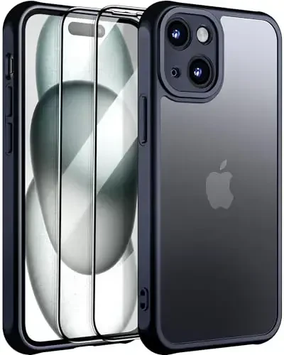 NINDOO iPhone 15 Plus uchun g'ilof, ekran himoyachisi bilan, iPhone 15 Plus qora telefon g'ilofi erkaklar uchun, himoya Fundas para va i Phone 15 Plus himoyasi uchun kamera qopqog'i. (Qora) 