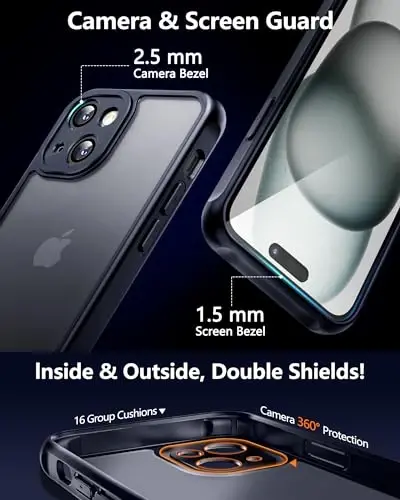 NINDOO iPhone 15 Plus uchun g'ilof, ekran himoyachisi bilan, iPhone 15 Plus qora telefon g'ilofi erkaklar uchun, himoya Fundas para va i Phone 15 Plus himoyasi uchun kamera qopqog'i. (Qora) - 3