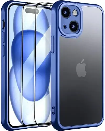 NINDOO iPhone 15 Plus uchun g'ilof, [To'liq kamera himoyasi] 2 dona ekran himoyachisi, mat himoya va sirpanmaydigan ingichka zarbga chidamli erkaklar ayollar telefon qopqog'i. (Moviy) - NINDOO