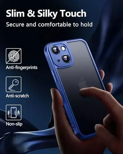 NINDOO iPhone 15 Plus uchun g'ilof, [To'liq kamera himoyasi] 2 dona ekran himoyachisi, mat himoya va sirpanmaydigan ingichka zarbga chidamli erkaklar ayollar telefon qopqog'i. (Moviy) - 6