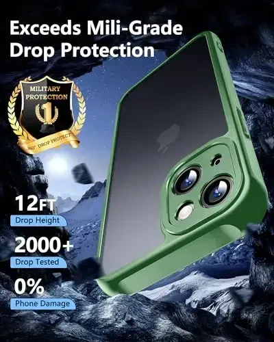 NINDOO [iPhone 15 Plus учун 3и 1, [Саргаймасликни олдин олиш] [Харбий даражадаги мухофаза] [2 дона экранни қўриқчиси билан] Толиқ тана муҳофазаловчи мат қаттиқ орқа ғилофи телефон учун. (Яшил) - 3