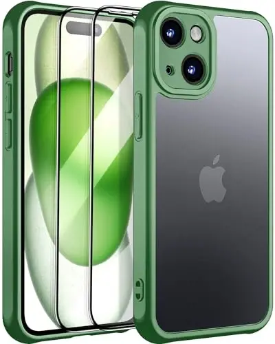 NINDOO [iPhone 15 Plus учун 3и 1, [Саргаймасликни олдин олиш] [Харбий даражадаги мухофаза] [2 дона экранни қўриқчиси билан] Толиқ тана муҳофазаловчи мат қаттиқ орқа ғилофи телефон учун. (Яшил) - 1