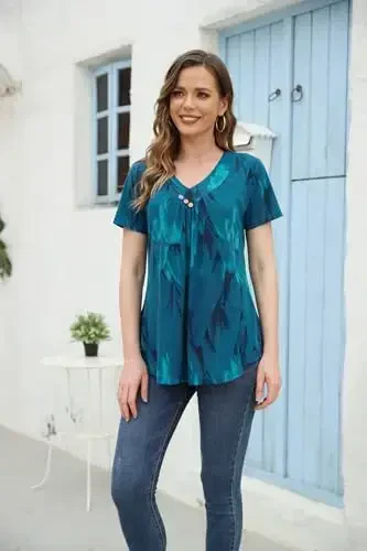 Ninedaily Ayollar Tunikasi Yozgi Qisqa Yengli Top Bo'sh V Bo'yinli Chiroyli Ko'ylak Bluzka - 3