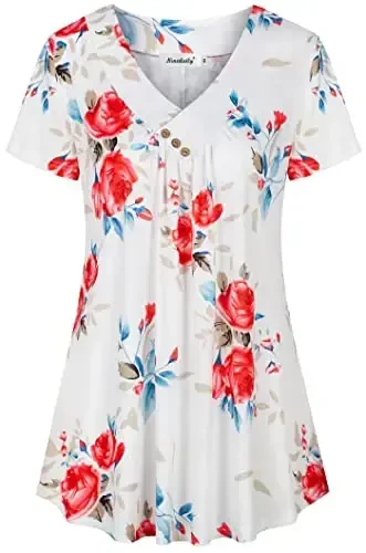 Ninedaily Women's Tunic Summer Short Sleeve Top Loose V Neck Dressy Shirt Blouse - NINEDAILY