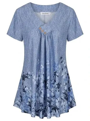 Ninedaily Women's Tunic Summer Short Sleeve Top Loose V Neck Dressy Shirt Blouse - Ninedaily