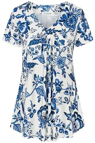 Ninedaily Women's Tunic Summer Short Sleeve Top Loose V Neck Dressy Shirt Blouse - Ninedaily