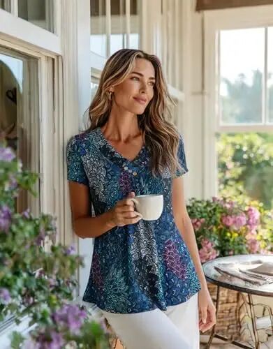 Ninedaily Women's Tunic Summer Short Sleeve Top Loose V Neck Dressy Shirt Blouse - 2
