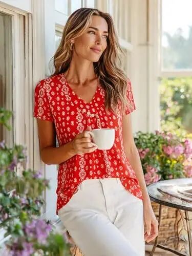 Ninedaily Women's Tunic Summer Short Sleeve Top Loose V Neck Dressy Shirt Blouse - Ninedaily (1)