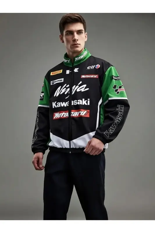 Ninja Kawasaki Parachute Fabric Oversize Digital Printed Black Windbreaker Raincoat Thin Jacket - Green - 3