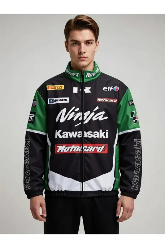 Ninja Kawasaki Parachute Fabric Oversize Digital Printed Black Windbreaker Raincoat Thin Jacket - Green - 4