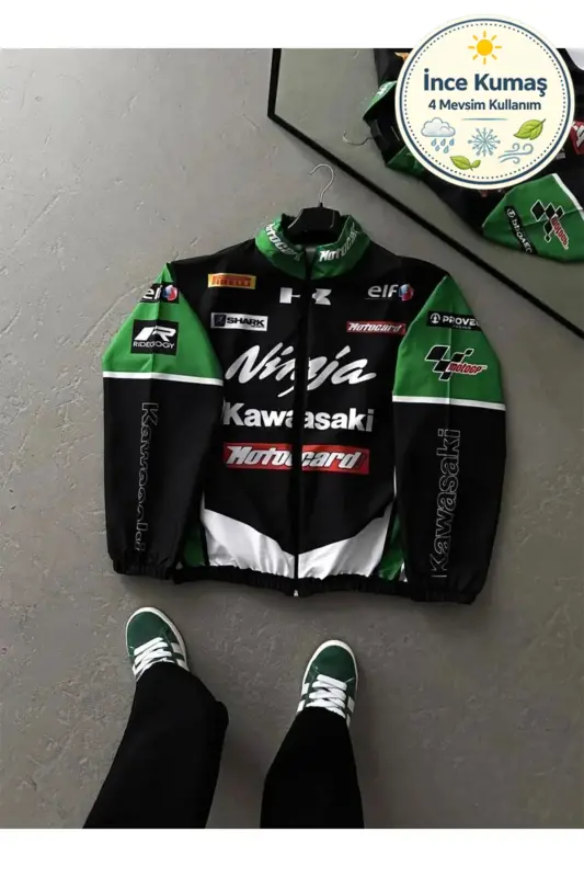 Ninja Kawasaki Parashut matoli oversize raqamli bosma qora shamol o‘tkazmaydigan yomg‘irbop yupqa kurtka - Yashil - 1