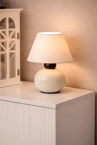 Nisa Luce 12 Lik Top Abajur Küçük Seramik - Beyaz / Krem •• Masa Lambası Gece Lambası Yatak Odası - Krem - 6