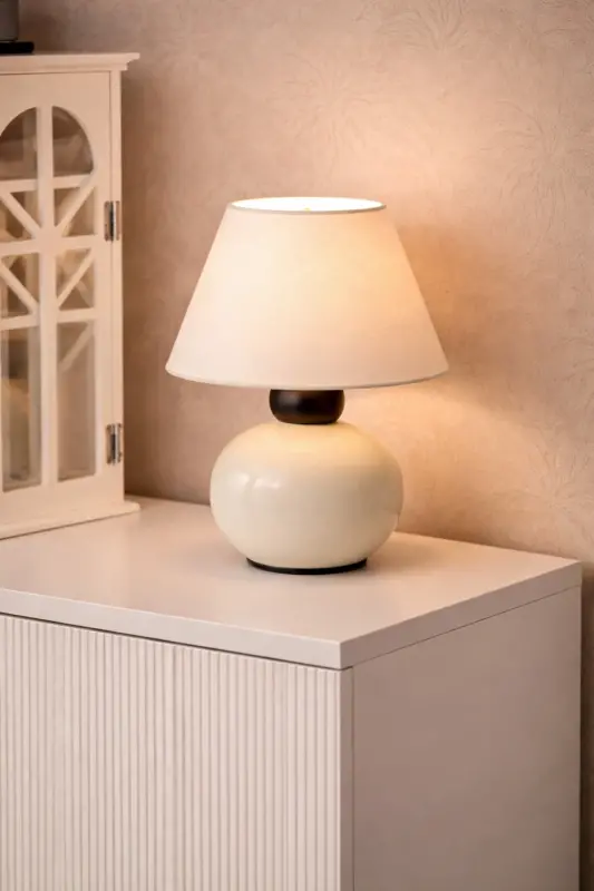 Nisa Luce 12 Lik Top Abajur Küçük Seramik - Beyaz / Krem •• Masa Lambası Gece Lambası Yatak Odası - Krem - 6