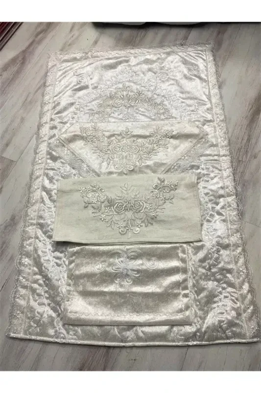 Nişan Seccade Takımı Fransız Dantelli 4 Parça Seccade Seti Söz Nişan Seti Seccade Takımı-Krem - ÇT ÇEYIZCI TEKSTIL