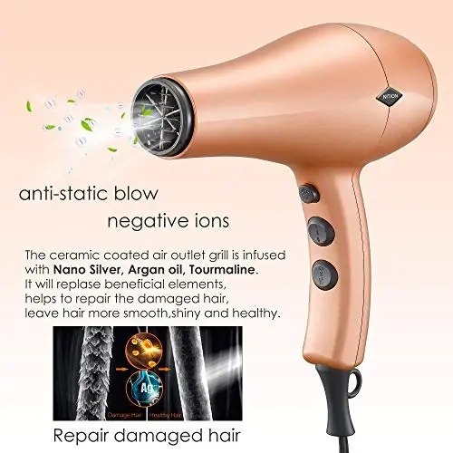NITION Negative Ions Ceramic Hair Dryer with Diffuser(Large Size 5.3 inch) AttacModazoneent Ionic Blow Dryer Quick Drying,1875 Watt 2 Speed / 3 Heat Settings,Cool Shot Button,Lightweight,Gold - 3