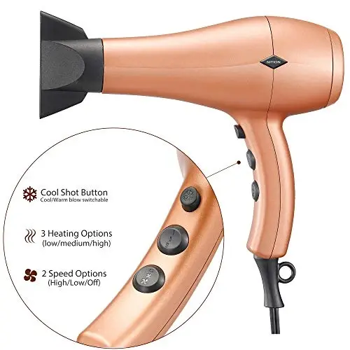 NITION Negative Ions Ceramic Hair Dryer with Diffuser(Large Size 5.3 inch) AttacModazoneent Ionic Blow Dryer Quick Drying,1875 Watt 2 Speed / 3 Heat Settings,Cool Shot Button,Lightweight,Gold - 4