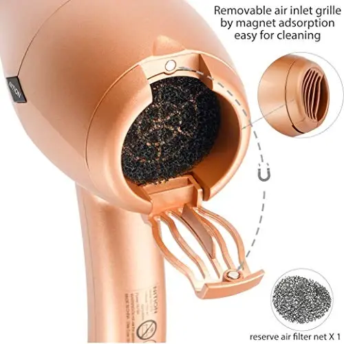 NITION Negative Ions Ceramic Hair Dryer with Diffuser (Large Size 5.3 inch) AttacModazoneent Ionic Blow Dryer Quick Drying, 1875 Watt 2 Speed / 3 Heat Settings, Cool Shot Button, Lightweight, Gold - 6