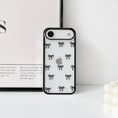 NITITOP Compatible for iPhone 17 Air Case Cute Clear Durable Ribbon Bowknot Pattern for Girls Women Soft TPU Transparent Full Camera Lens Shockproof Protective Phone Cover - Black - 6