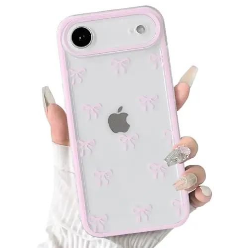 NITITOP Compatible for iPhone 17 Air Case Cute Clear Durable Ribbon Bowknot Pattern for Girls Women Soft TPU Transparent Full Camera Lens Shockproof Protective Phone Cover - Pink - 1
