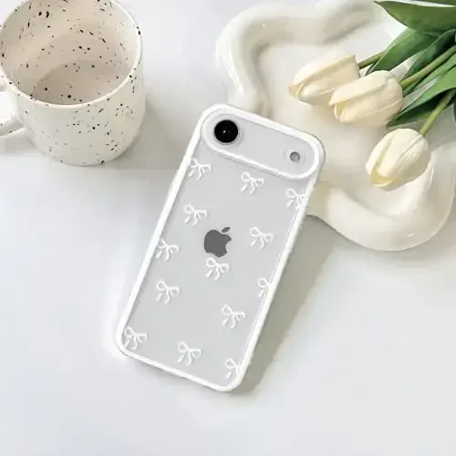 NITITOP Compatible for iPhone 17 Air Case Cute Clear Durable Ribbon Bowknot Pattern for Girls Women Soft TPU Transparent Full Camera Lens Shockproof Protective Phone Cover - White - 4