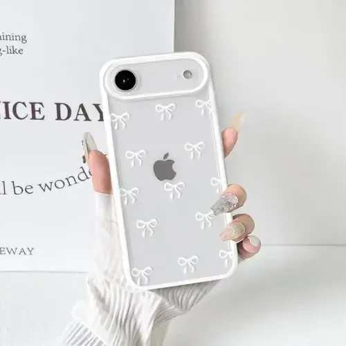 NITITOP Compatible for iPhone 17 Air Case Cute Clear Durable Ribbon Bowknot Pattern for Girls Women Soft TPU Transparent Full Camera Lens Shockproof Protective Phone Cover - White - 5