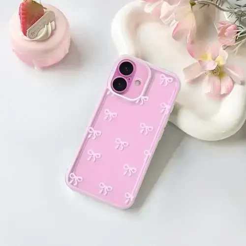 NITITOP Compatible for iPhone 17 Case Cute Clear Durable Ribbon Bowknot Pattern for Girls Women Soft TPU Transparent Full Camera Lens Shockproof Protective Phone Cover - Pink - NITITOP (1)