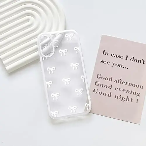 NITITOP Compatible for iPhone 17 Case Cute Clear Durable Ribbon Bowknot Pattern for Girls Women Soft TPU Transparent Full Camera Lens Shockproof Protective Phone Cover - White - 10