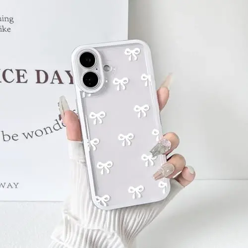 NITITOP Compatible for iPhone 17 Case Cute Clear Durable Ribbon Bowknot Pattern for Girls Women Soft TPU Transparent Full Camera Lens Shockproof Protective Phone Cover - White - 1