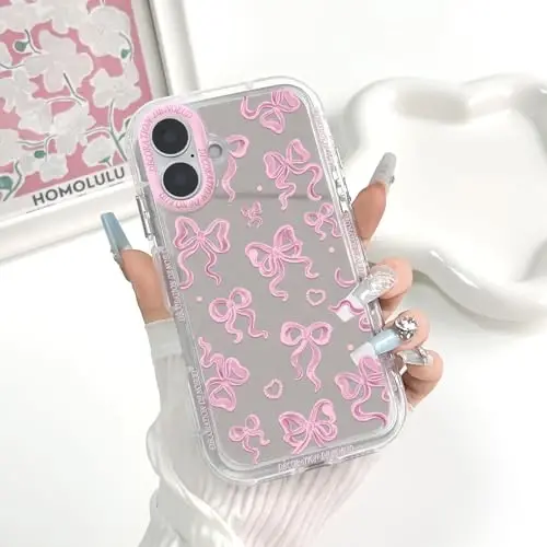 NITITOP Compatible for iPhone 17 Case Cute Mirror Bow Love Heart Pattern for Women Girls Ribbon Design Shockproof Silver Protective Phone Cover - Pink - 4