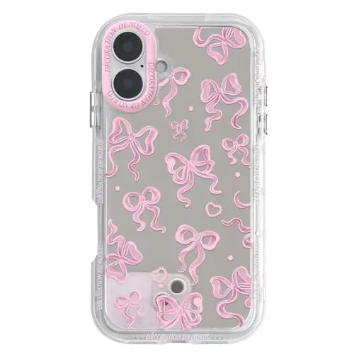 NITITOP Compatible for iPhone 17 Case Cute Mirror Bow Love Heart Pattern for Women Girls Ribbon Design Shockproof Silver Protective Phone Cover - Pink - NITITOP
