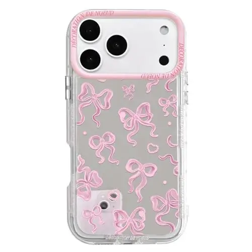 NITITOP Compatible for iPhone 17 Pro Case Cute Mirror Bow Love Heart Pattern for Women Girls Ribbon Design Shockproof Silver Protective Phone Cover - Pink - NITITOP