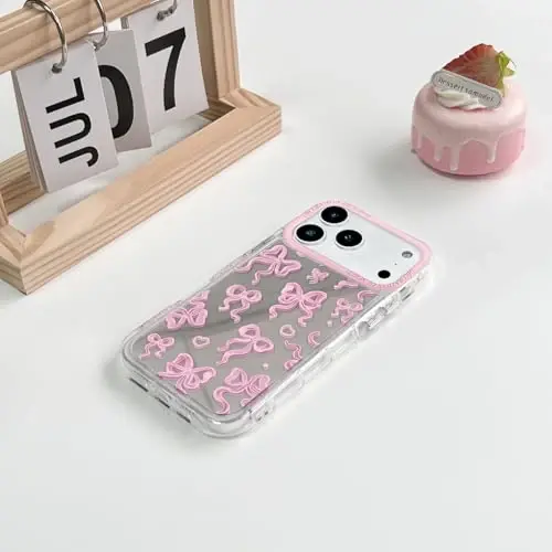 NITITOP Compatible for iPhone 17 Pro Case Cute Mirror Bow Love Heart Pattern for Women Girls Ribbon Design Shockproof Silver Protective Phone Cover - Pink - 5