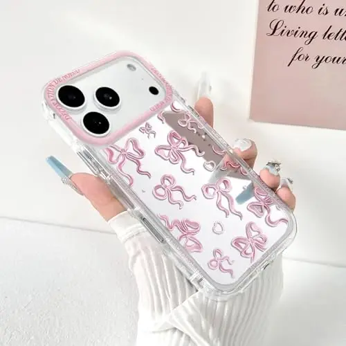 NITITOP Compatible for iPhone 17 Pro Case Cute Mirror Bow Love Heart Pattern for Women Girls Ribbon Design Shockproof Silver Protective Phone Cover - Pink - 2